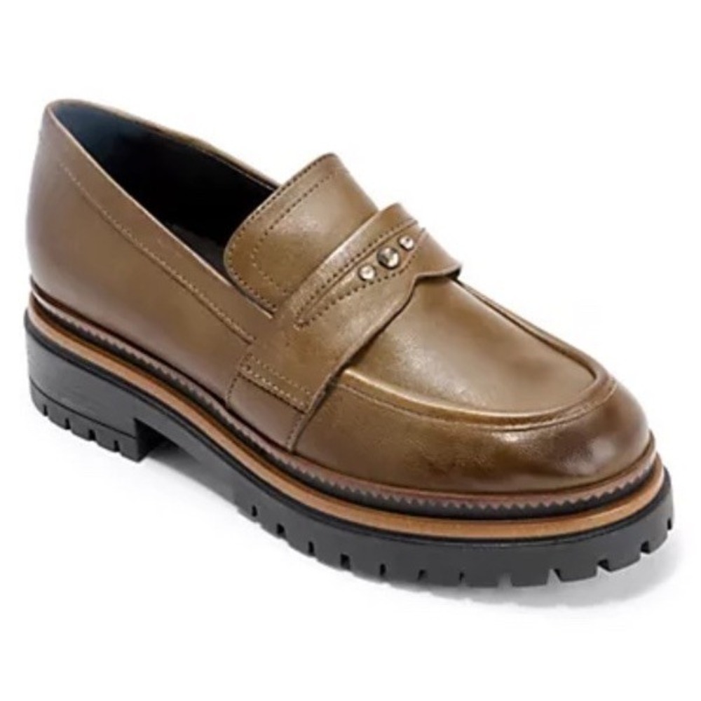 New Miz Mooz Damian‎ Leather Lug Sole Studded Loafers Olive Size EU 41 US 9.5-10